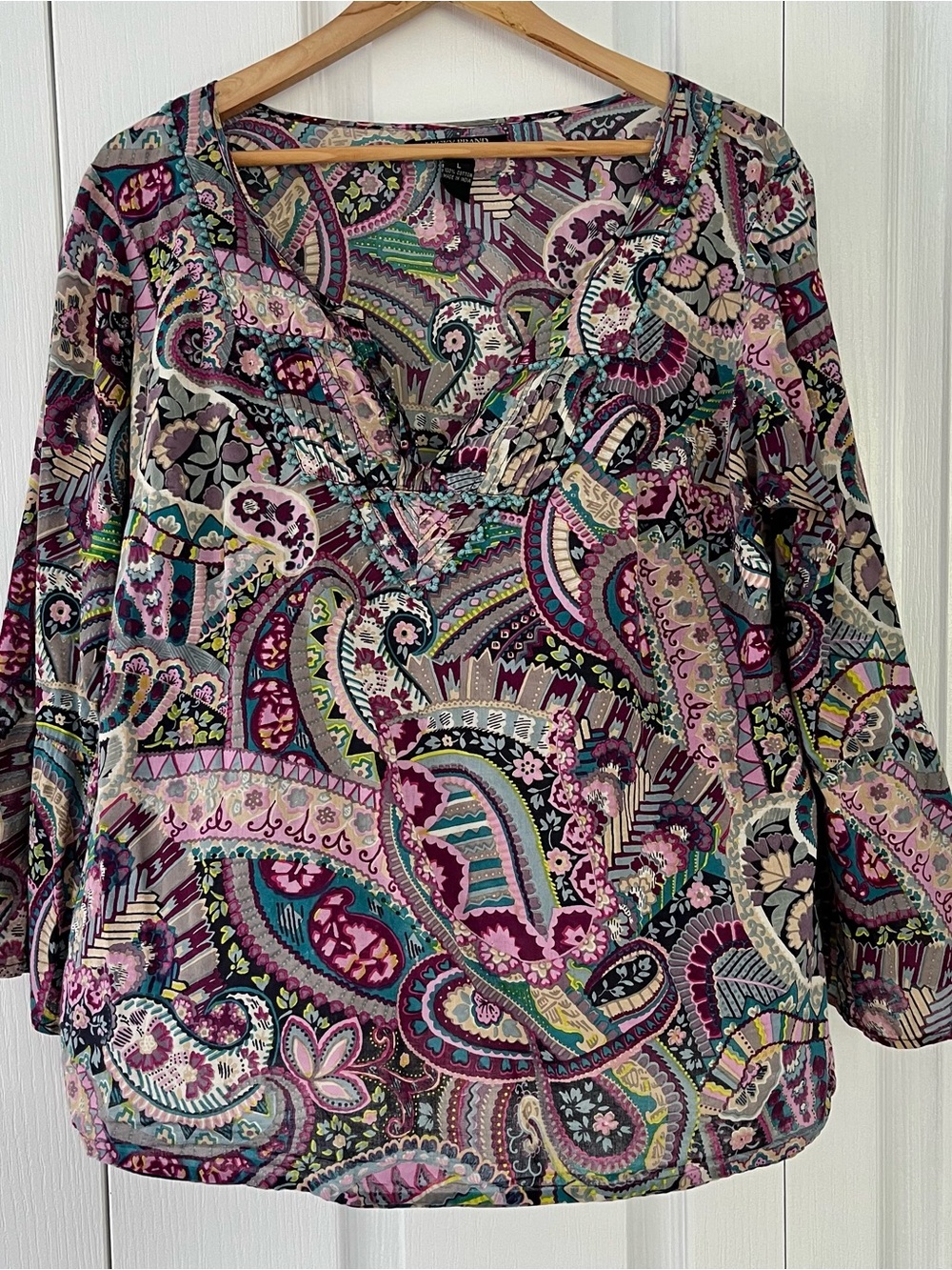 Lucky Brand Shirt Boho Peasant Blouse 3/4 Sleeve Top Gypsy Paisley Print L
